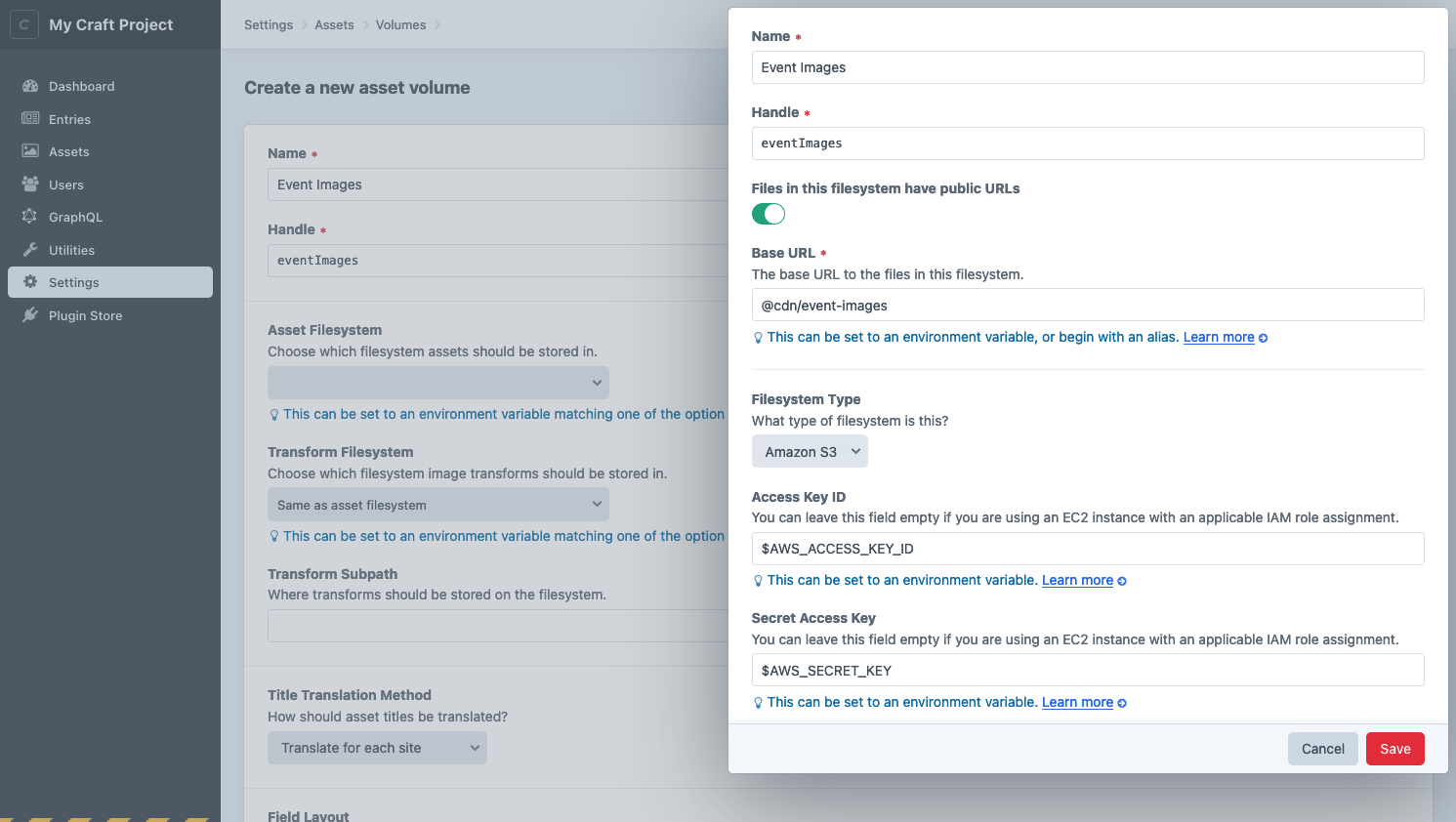 Screenshot of the volume settings screen in Craft with a slide-out for filesystem settings