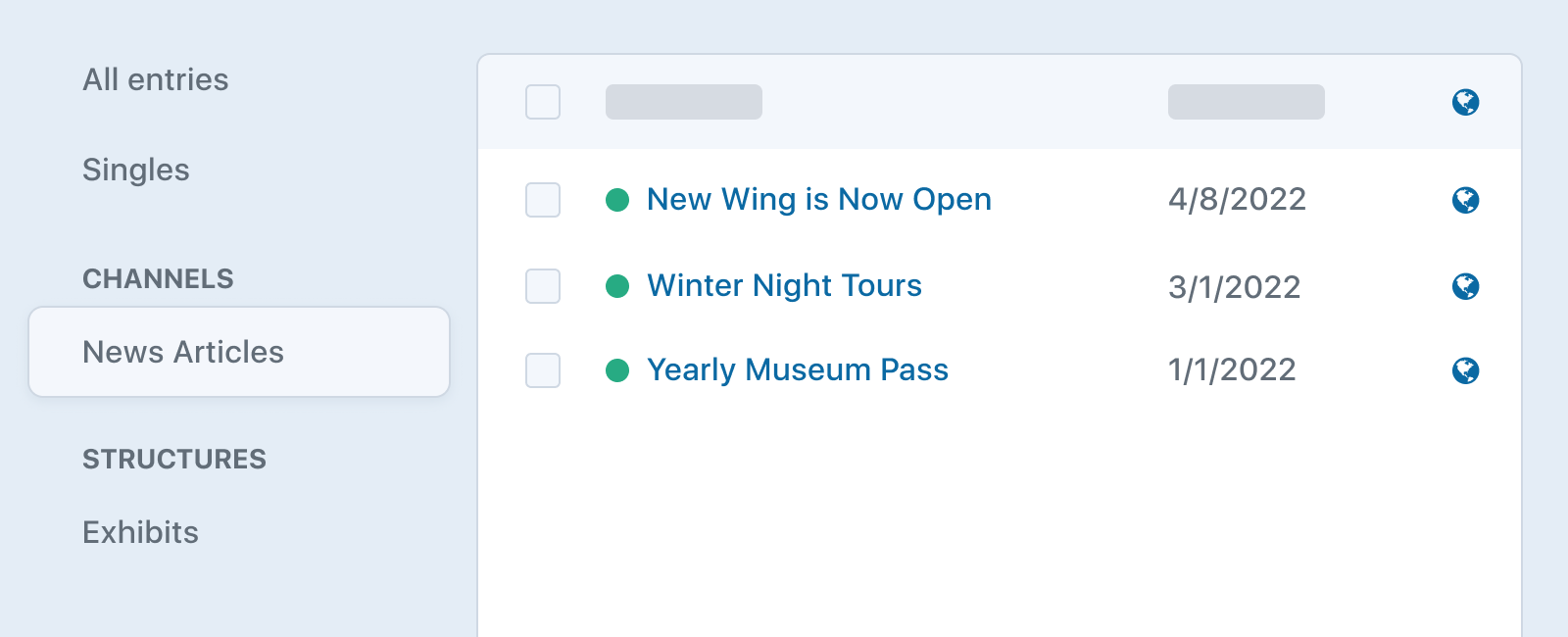 Illustration of Entries layout with a “News Articles” channel selected, showing three dated news entries