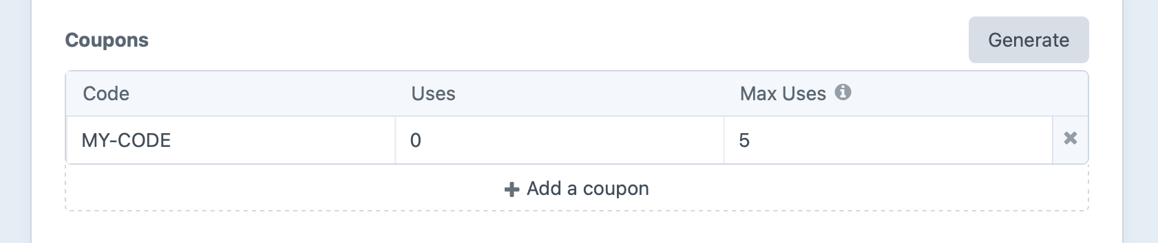 Screenshot of a row in the Coupons table, with three columns: “Code”, “Uses”, and “Max Uses”