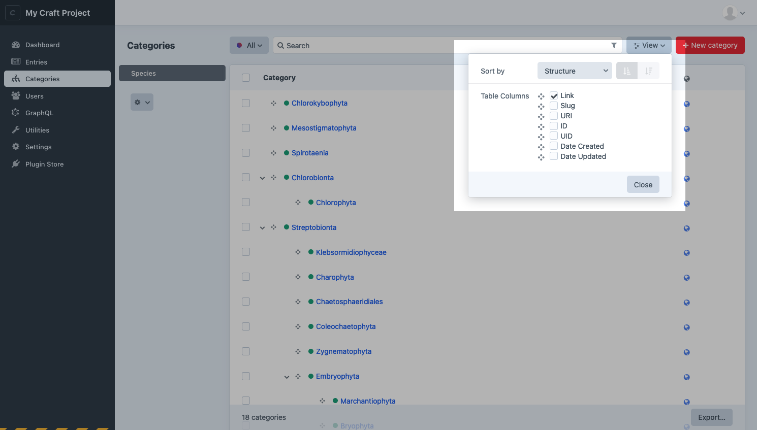 Customizing element index columns and sorting