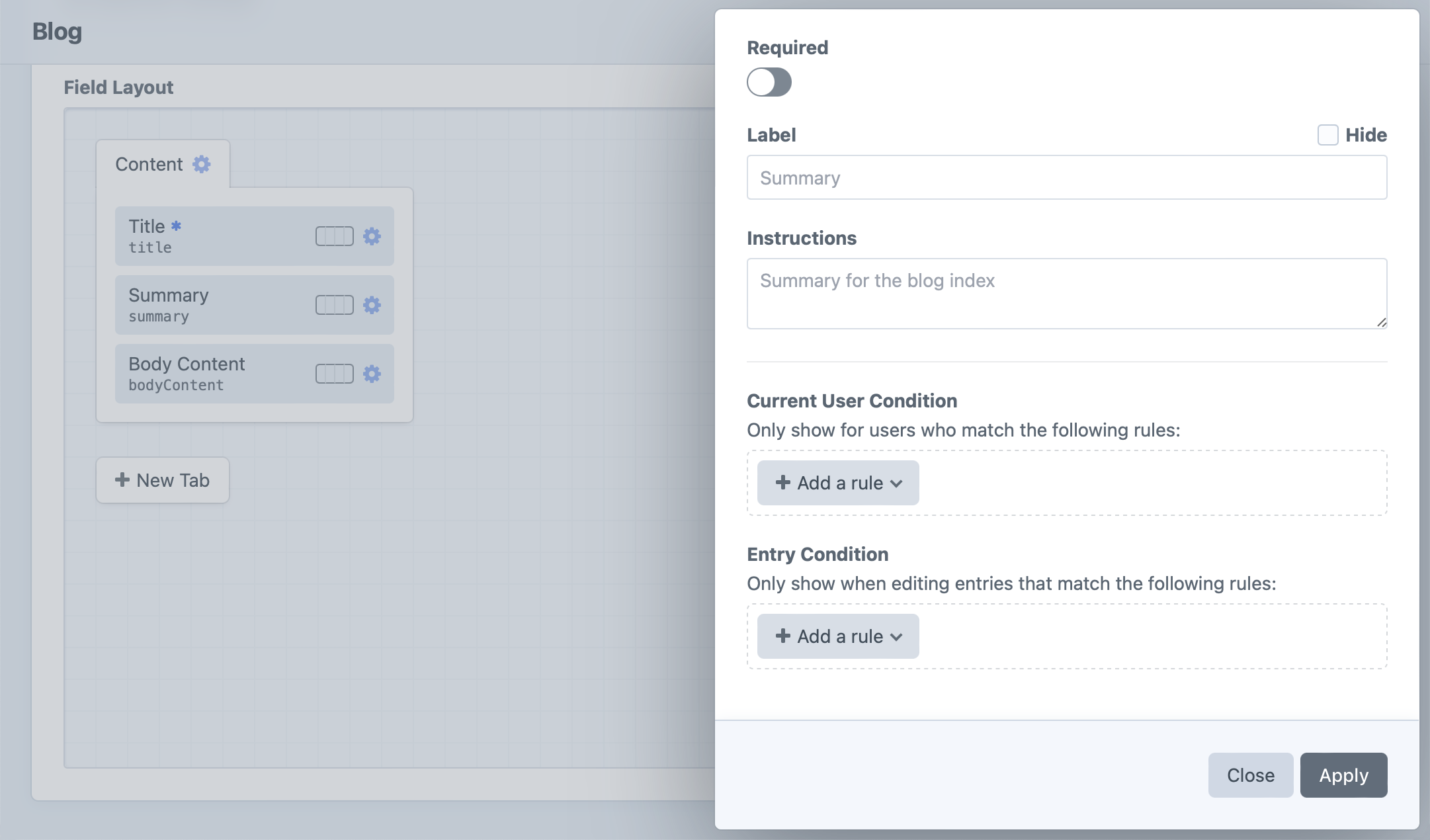 Screenshot of field layout editor with “Summary” field settings open in a slideout: Required, Label, Instructions, Current User Condition, and Entry Condition