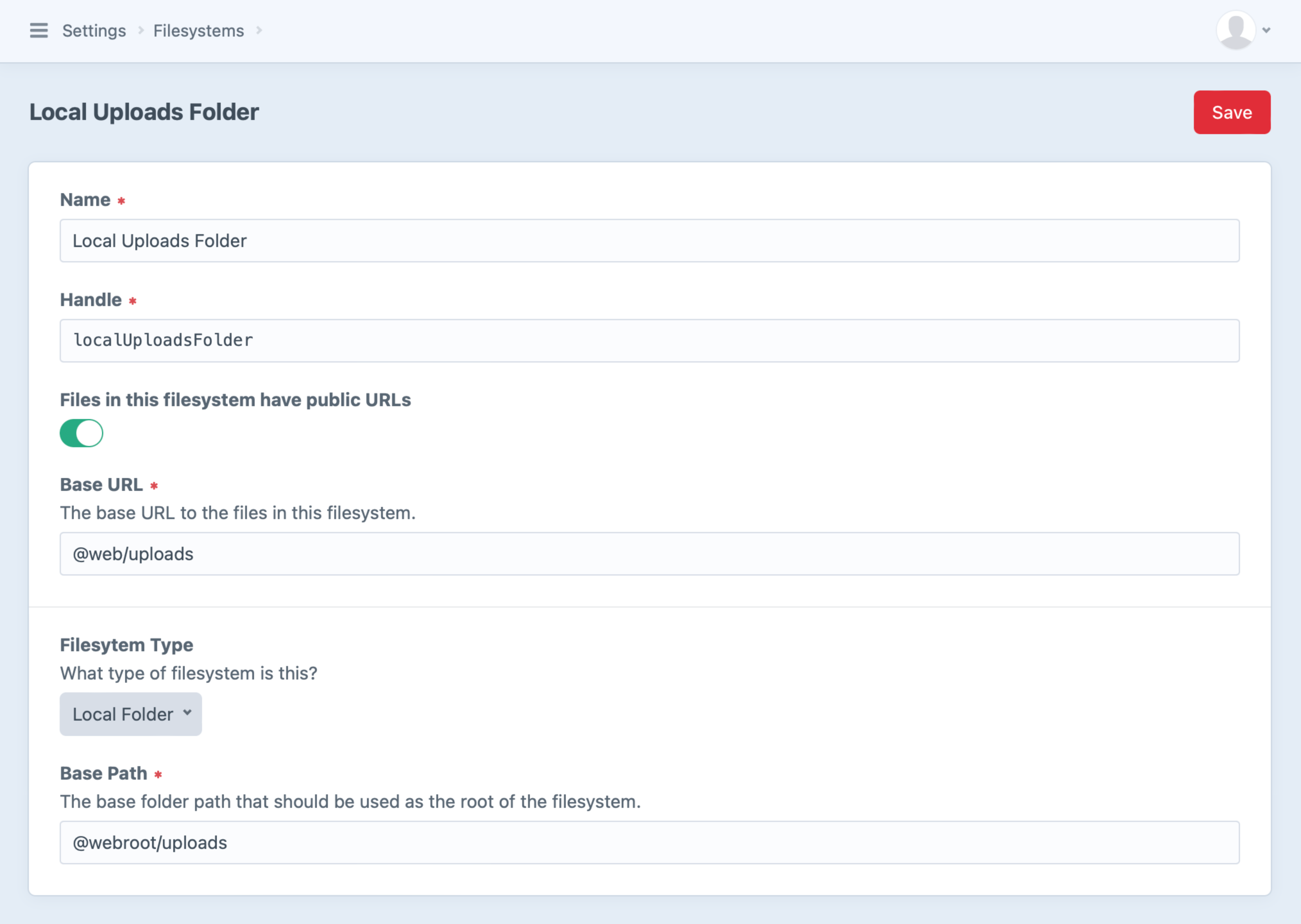 Screenshot of a Craft 4 Filesystem’s settings, which include former volume type settings like Base Path, Base URL, and Filesystem Type.