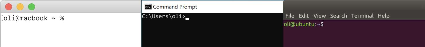 Examples of terminal applications for macOS, Windows, and Linux