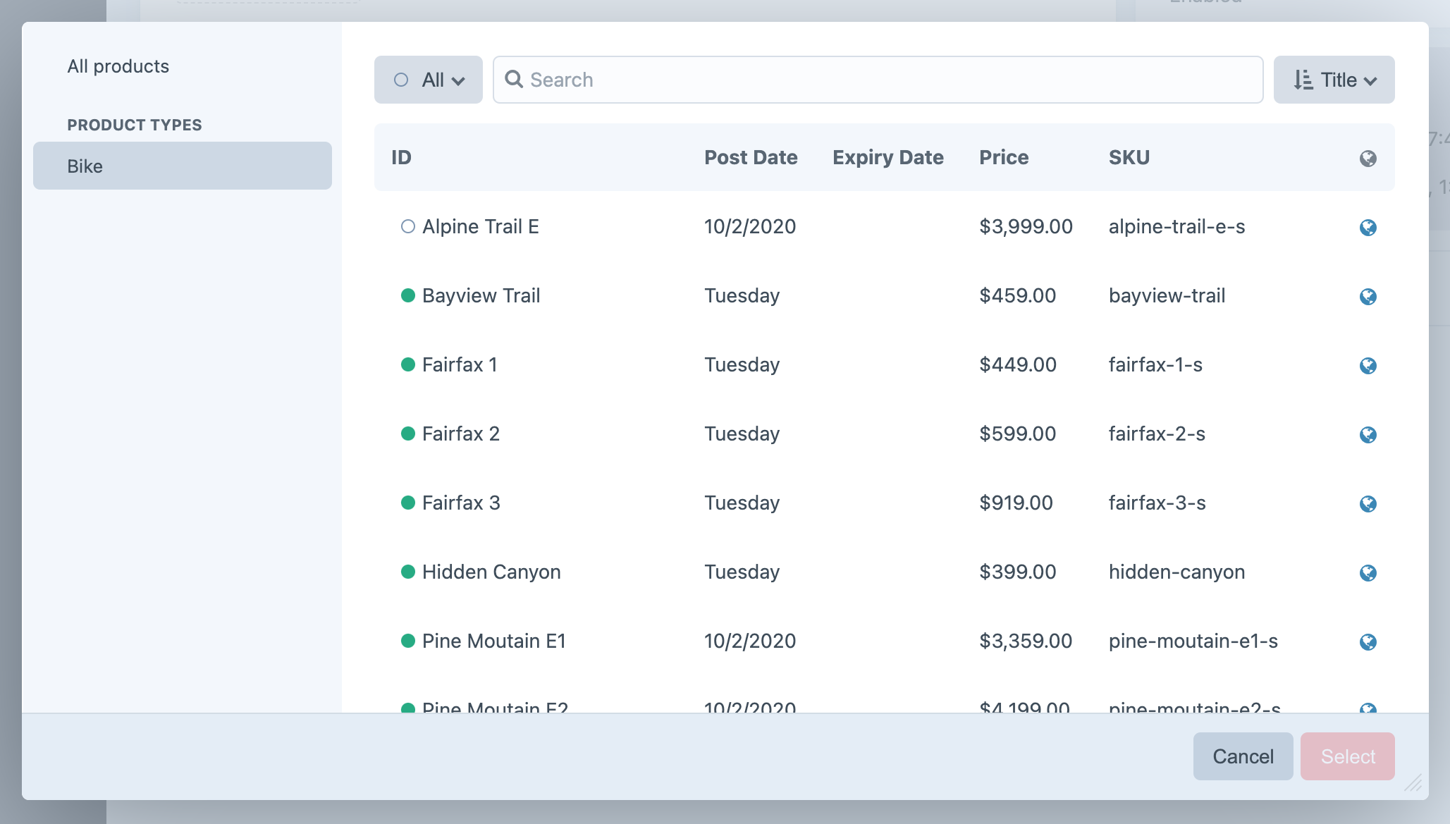 Product selection modal