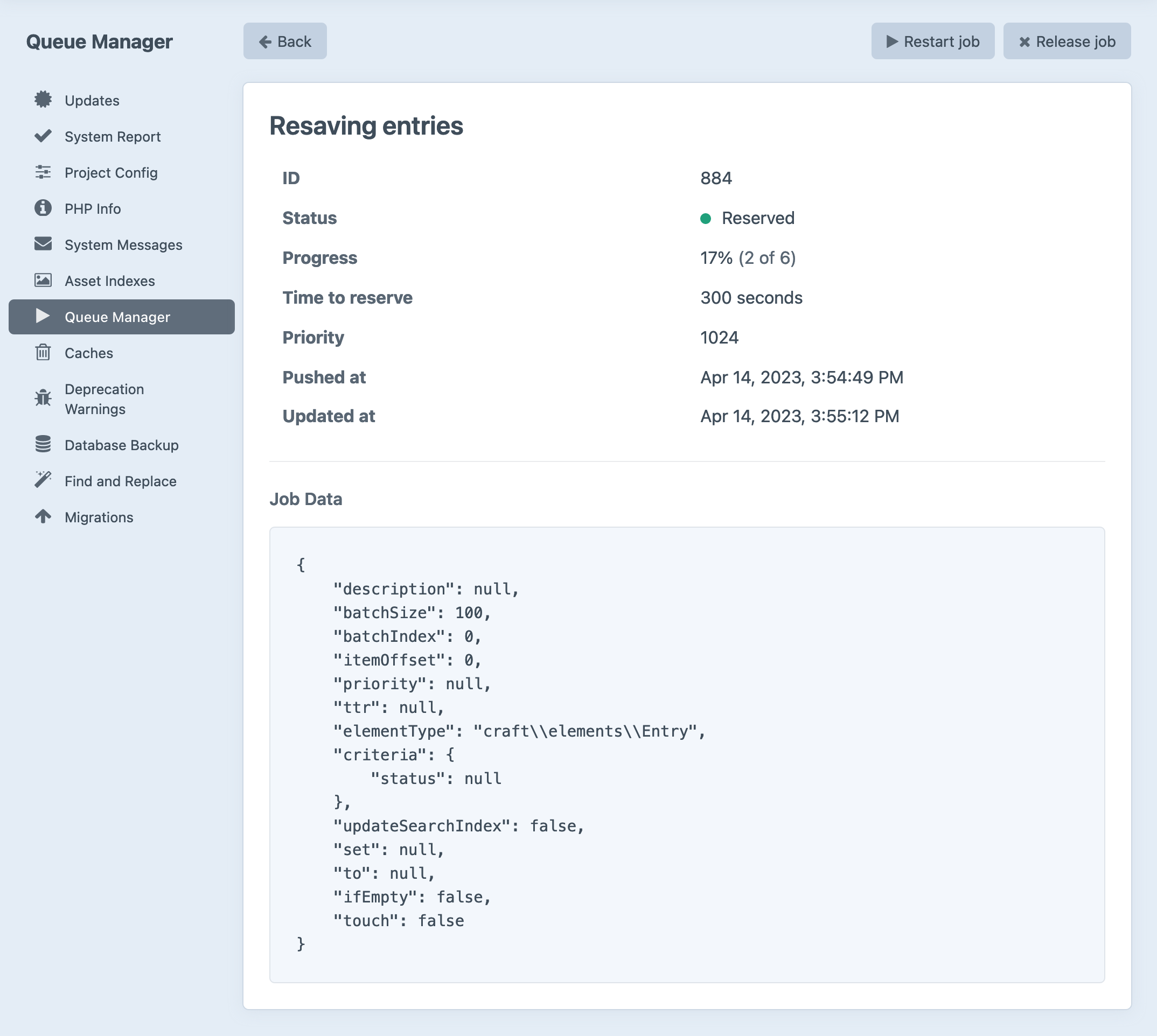 Viewing a job in the queue manager utility