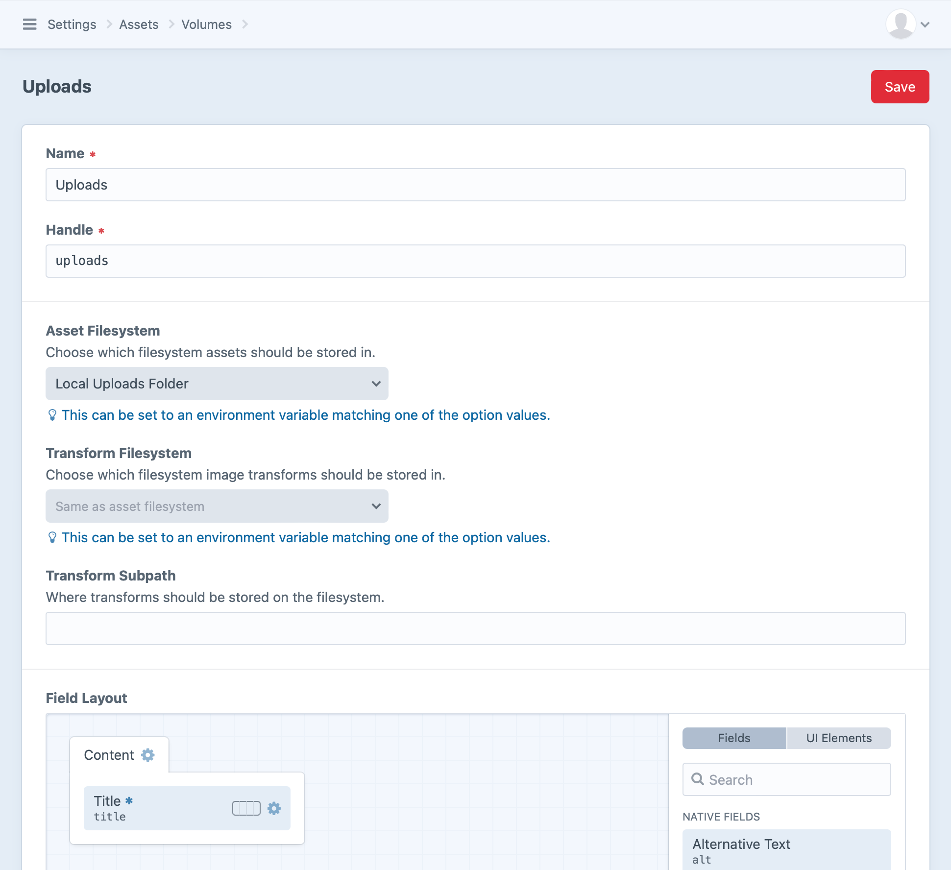 Screenshot of a Craft 4 Volume’s settings that includes the new Filesystem dropdown field.